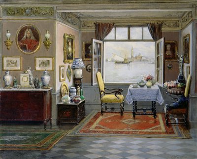 Ein venezianisches Zuhause mit Blick auf San Giorgio Maggiore aus einem offenen Fenster, ca. 1900 von Cesare Vianello